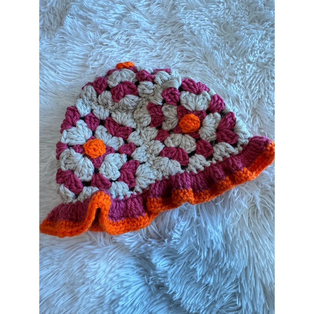 Handmade Crochet Bucket Hat Pink Orange Floral Granny Square Ruffle Brim Boho
